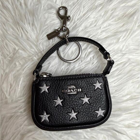 Coach Nolita Star Print Bag Charm – Black Pebble Leather Keychain - Picture 1 of 7